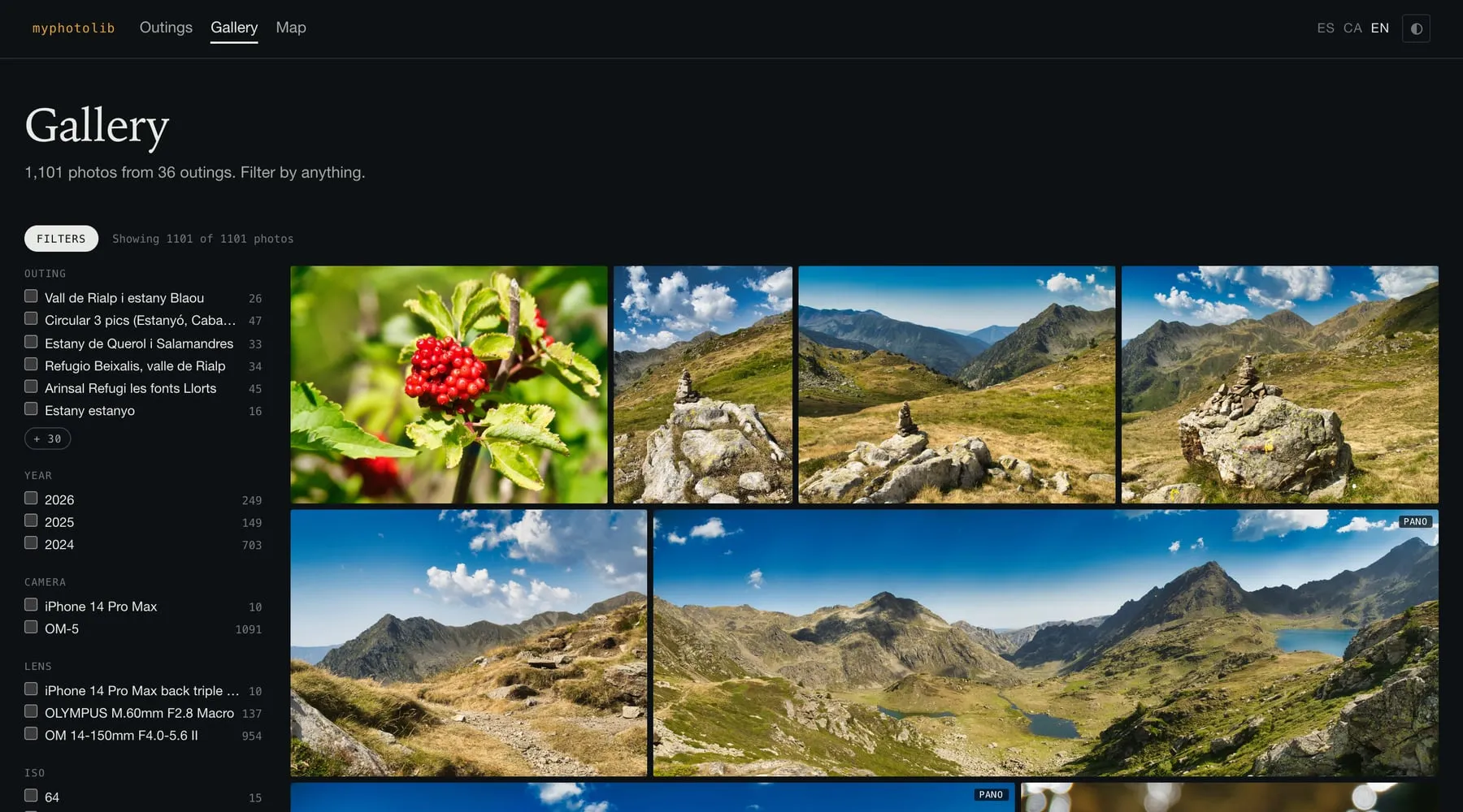 The gallery with the filter panel open: facets for outing, year, camera, lens and ISO with per-value counts, beside a justified grid of photos including two panoramas tagged PANO.