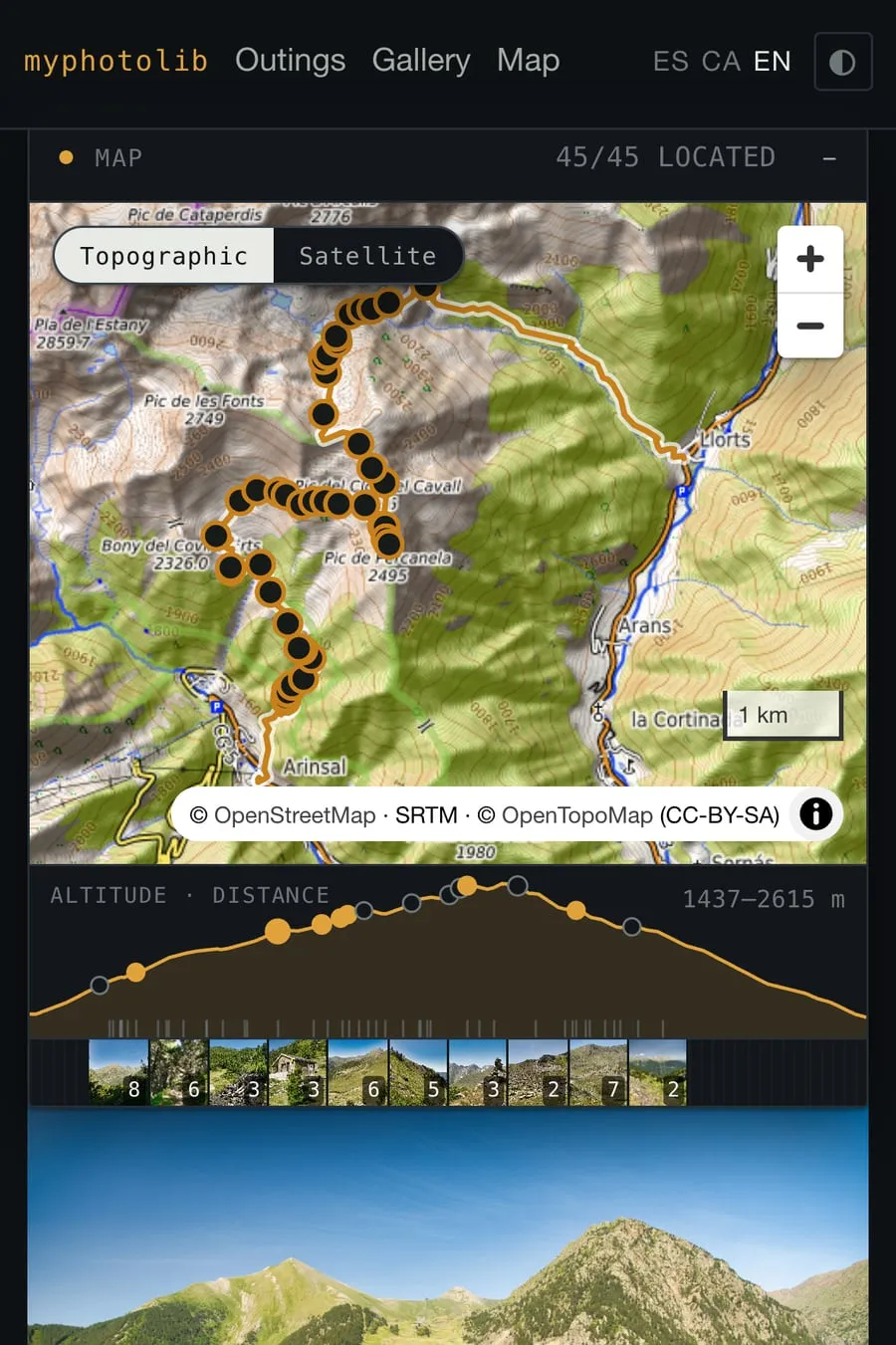 The same page on an iPhone: the map and profile collapse into a compact sticky panel above the photo grid.