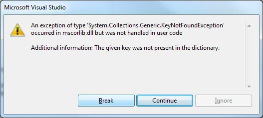 Key not found in collection exception