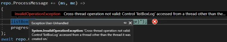 Cross thread exception when updating UI from a different thread.